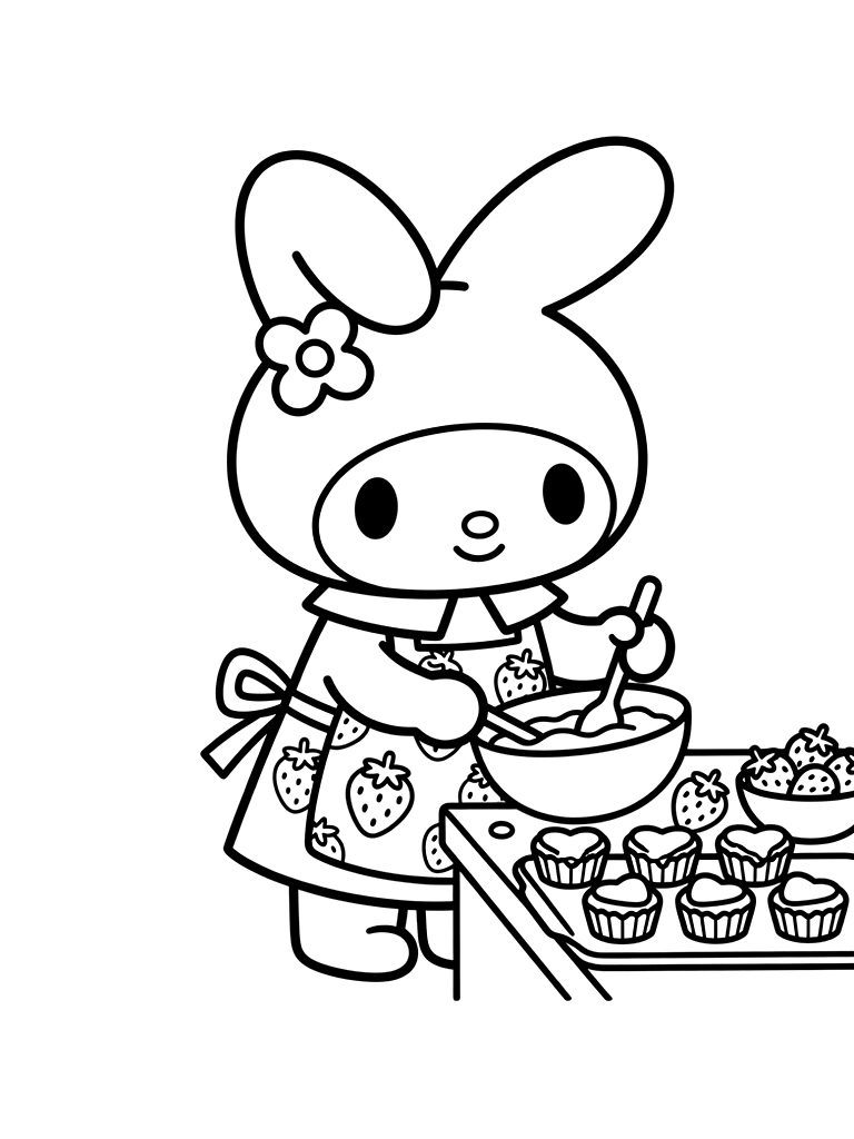 My Melody Wearing A Strawberry-themed Apron And Baking Heart-shaped Cupcakes Coloring Page