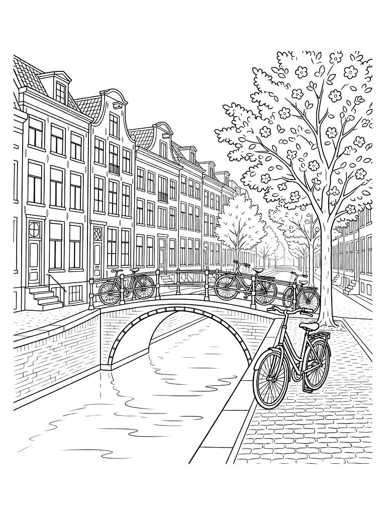 Narrow Amsterdam Canal Street With Bicycles Leaning Against Bridges And Flowering Trees Coloring Page