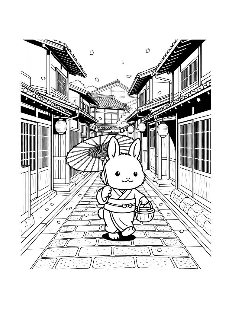 Narrow Cobblestone Street In Kyoto With Wooden Buildings And Falling Cherry Blossom Petals Coloring Page