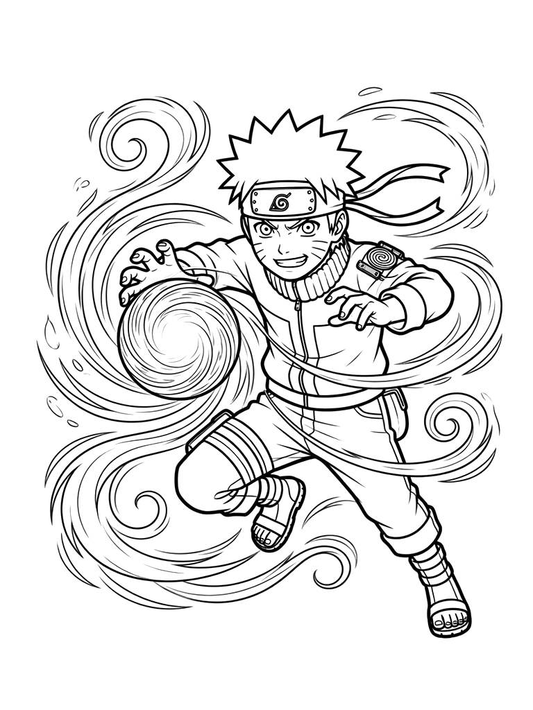 Naruto Uzumaki Performing The Rasengan Technique With Wind Swirls Coloring Page