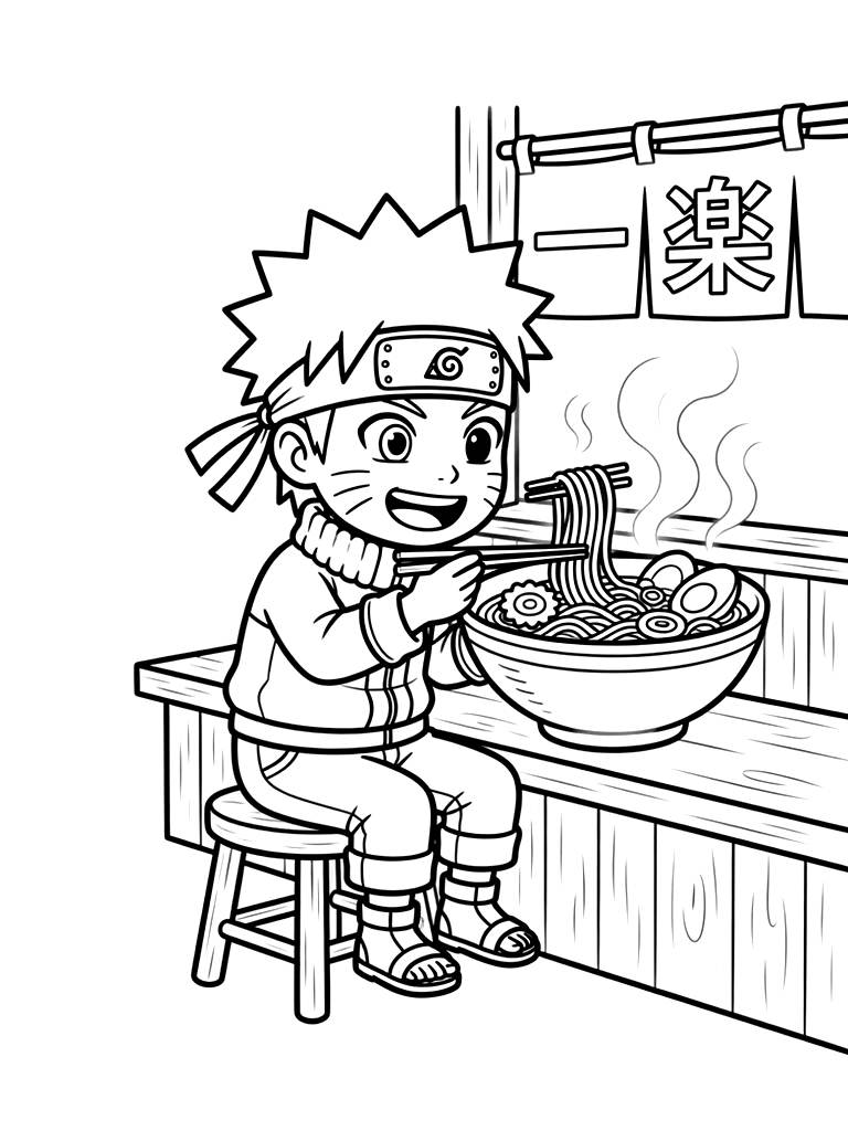 Naruto Uzumaki Sitting Happily At The Counter Of Ichiraku Ramen Eating A Huge Steaming Bowl Of Ramen With Chopsticks Coloring Page