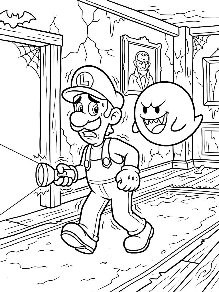 Nervous Luigi Holding A Trembling Flashlight Walking Through A Spooky Mansion Hallway While A Mischievous Boo Sneaks Up Behind Him Coloring Page