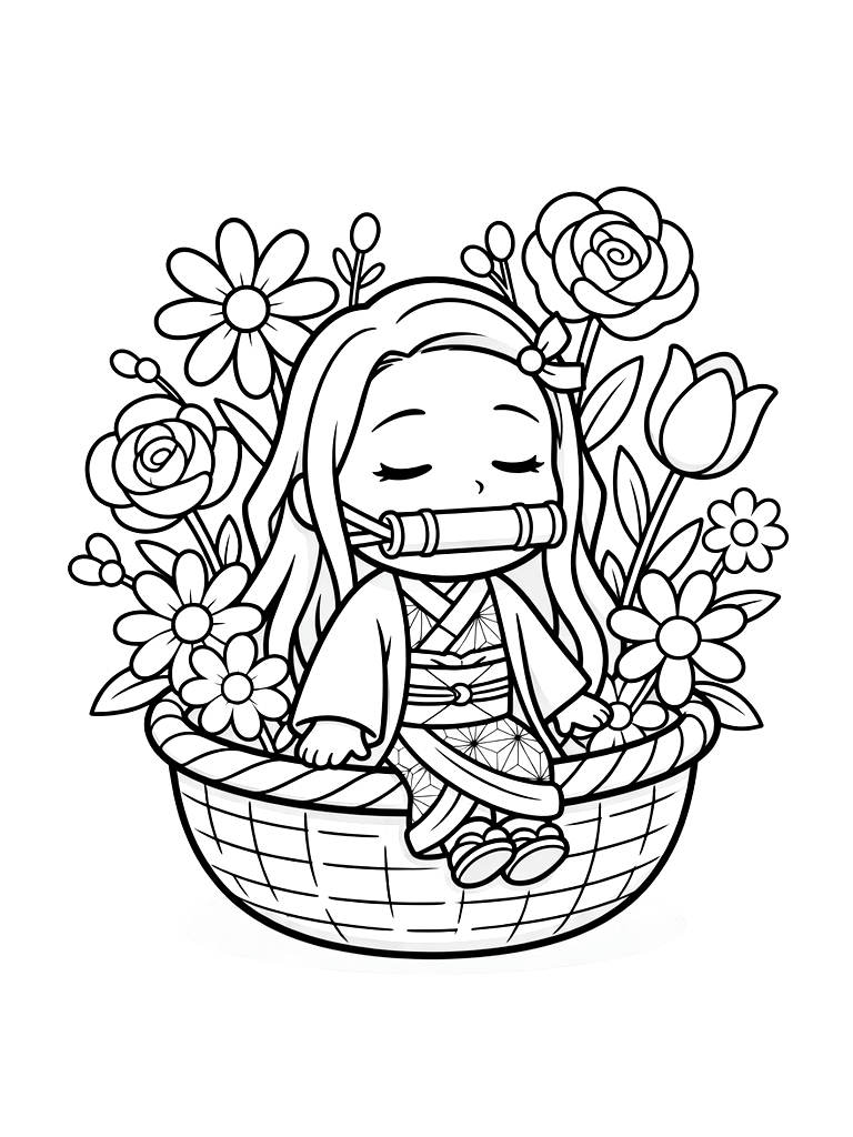 Nezuko Kamado Sitting In A Basket Of Flowers With A Peaceful Expression Coloring Page