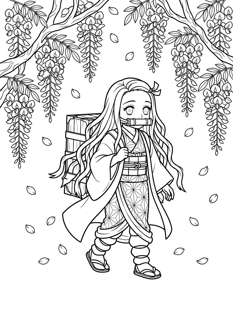 Nezuko Kamado Walking Through A Beautiful Forest Of Glowing Wisteria Flowers With Purple Petals Falling Around Her Coloring Page
