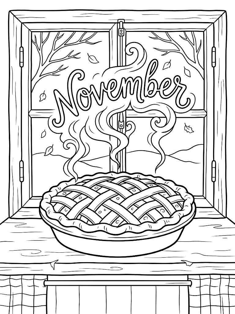 November Lettering Steaming Up From A Freshly Baked Lattice-Crust Apple Pie Cooling On A Vintage Kitchen Windowsill Coloring Page