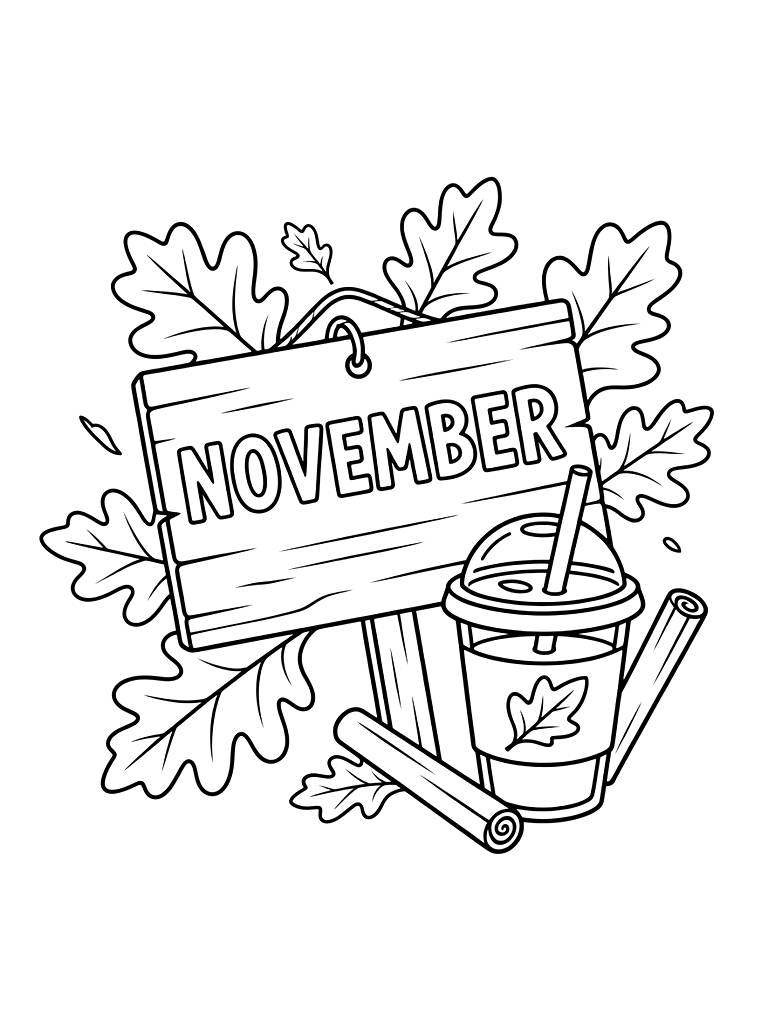 November Sign With A Scattering Of Oak Leaves And A Pumpkin Spice Latte With A Cinnamon Stick Coloring Page