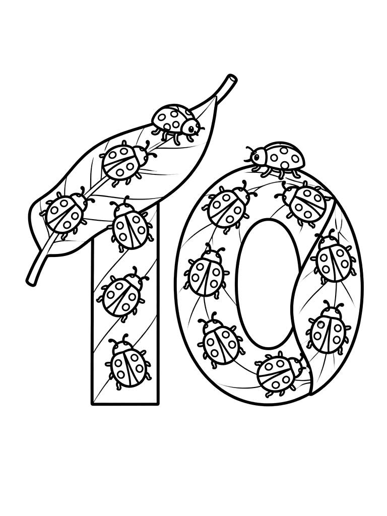 Number 10 Represented By Ten Tiny Ladybugs On A Green Leaf Coloring Page