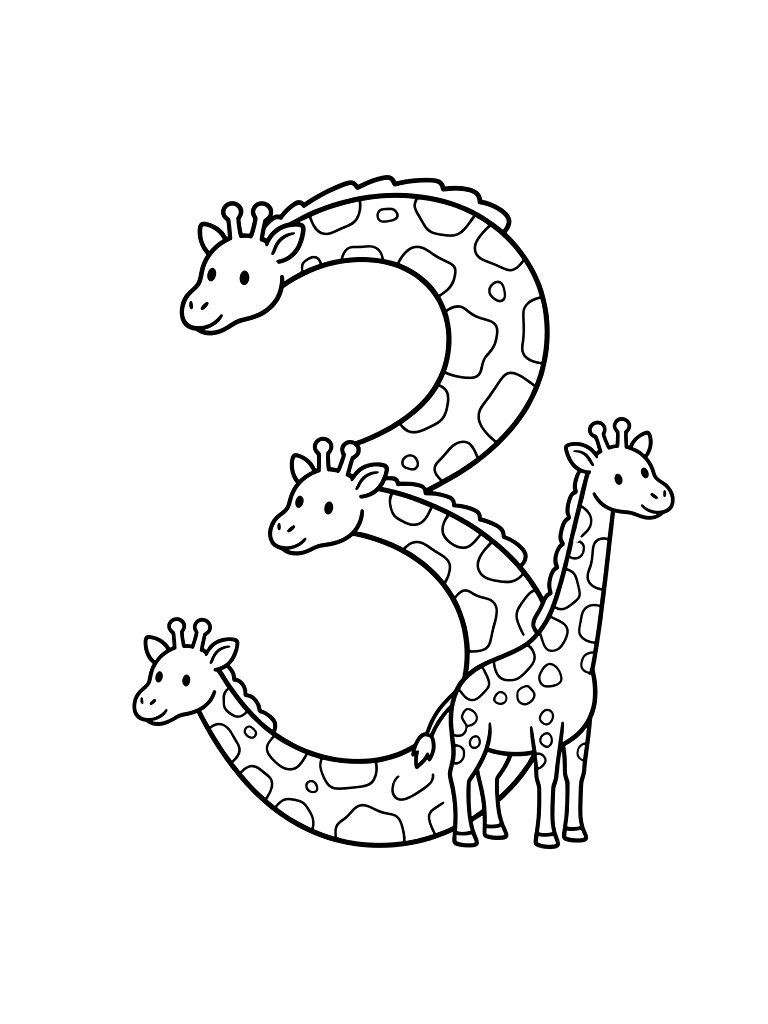 Number 3 Designed As Three Tall Giraffes With Long Necks In A Savanna Coloring Page
