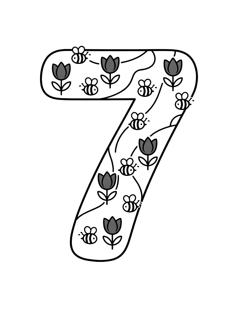 Number 7 Shaped Out Of A Garden Path With Seven Bright Red Tulips And Seven Buzzing Bees Coloring Page