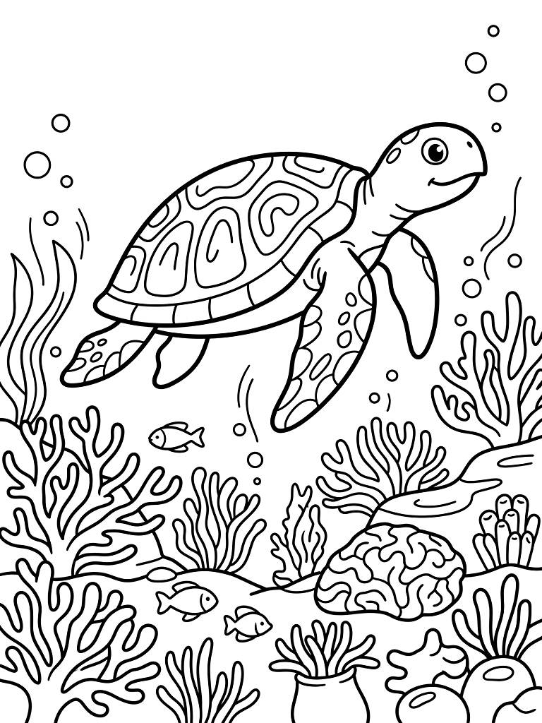 Ocean Sea Turtle Swimming In Coral Reef Coloring Page