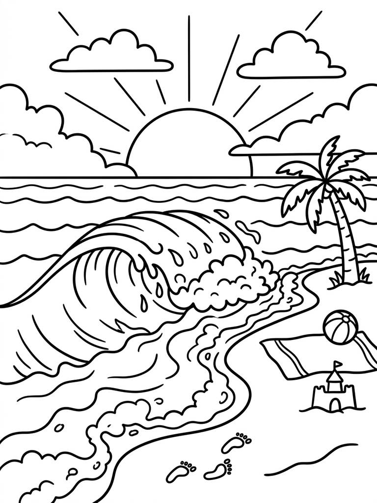 Ocean Waves Crashing On Sandy Beach / Sunset Beach Scene Coloring Page