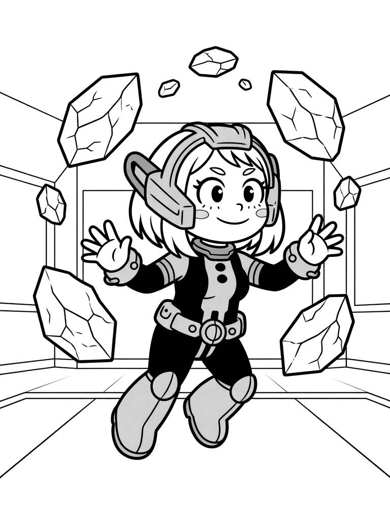 Ochaco Uraraka Using Her Zero-gravity Quirk To Float Several Large Rocks In A Training Hall Coloring Page