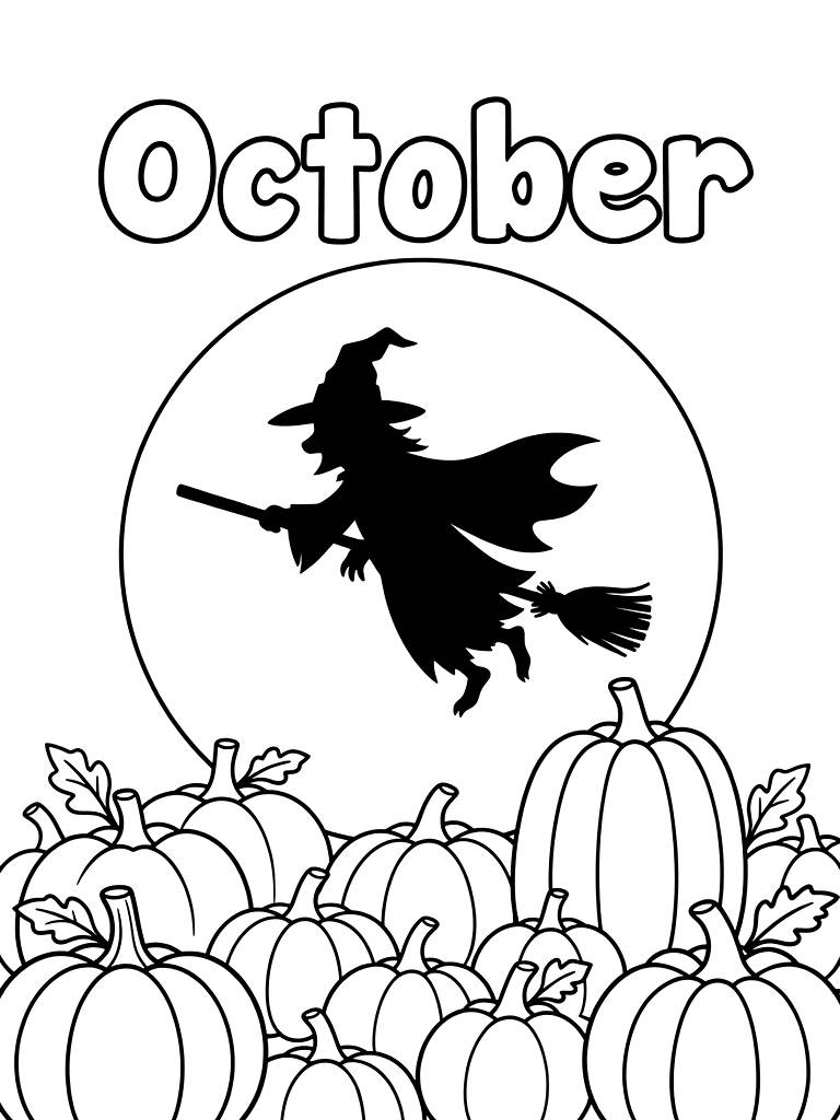 October Title With A Spooky Silhouette Of A Witch Flying Across A Full Moon And A Pumpkin Patch Coloring Page