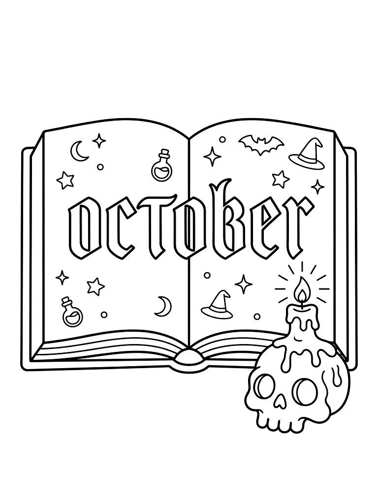 October Title Written In Gothic Script On An Open Spellbook Illuminated By A Melting Skull-Shaped Candle Coloring Page