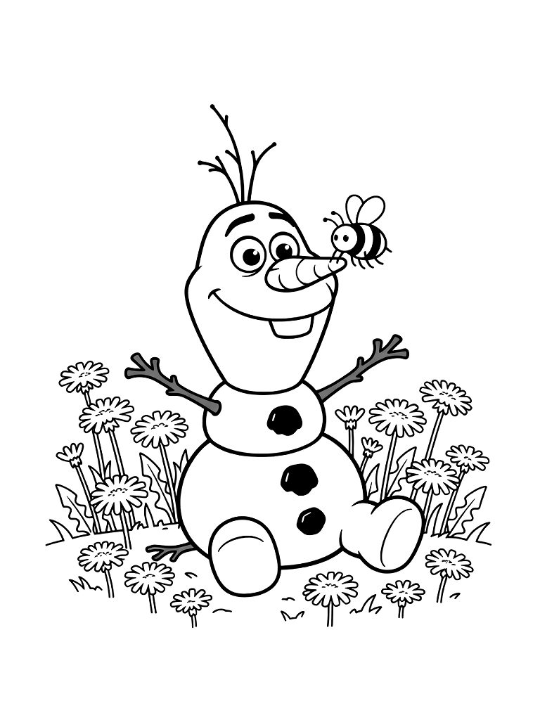 Olaf The Snowman Sitting In A Field Of Yellow Dandelions With A Bumblebee Landing On His Carrot Nose Coloring Page