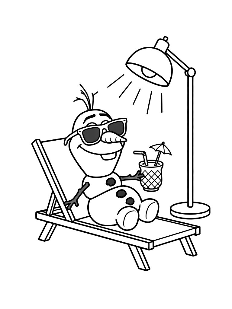Olaf The Snowman Under A Sun Lamp Wearing Sunglasses And Holding A Tropical Drink Coloring Page