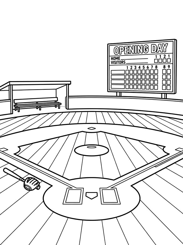 Opening Day Baseball Field With Freshly Cut Grass And A Scoring Board Coloring Page