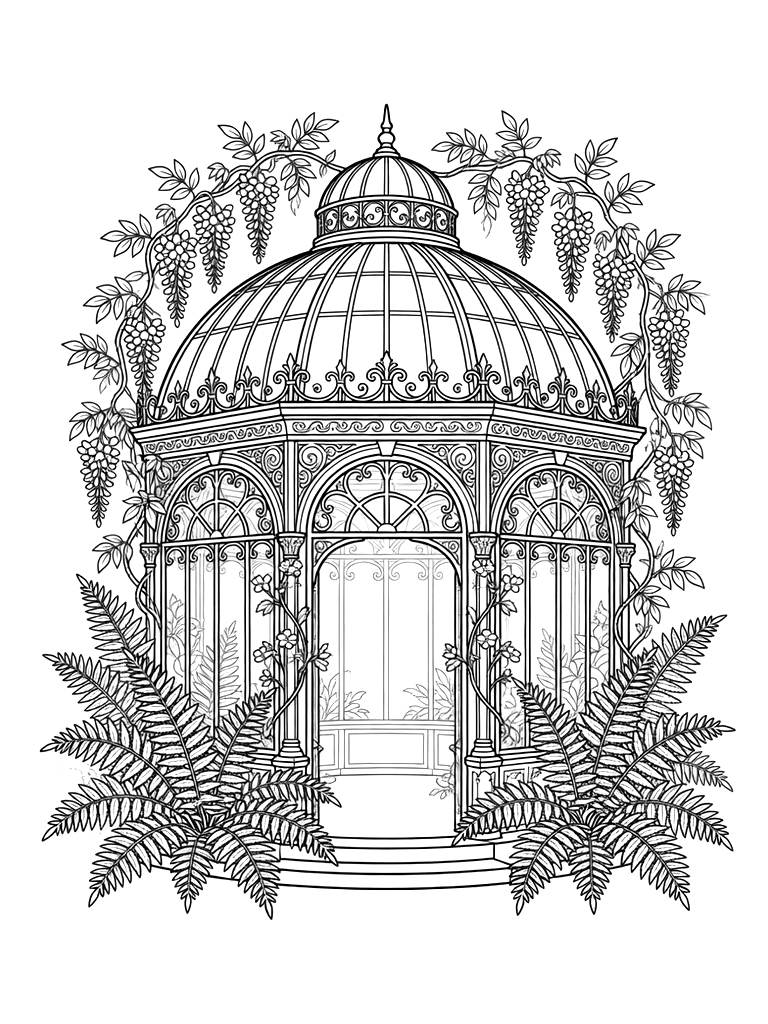 Ornate Victorian Conservatory Filled With Ferns And Blooming Wisteria Vines Coloring Page