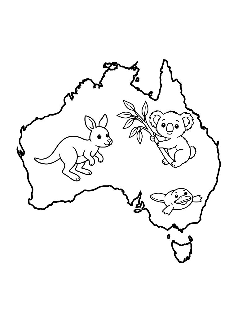 Outline Map Of Australia Filled With Drawings Of A Kangaroo Coloring Page