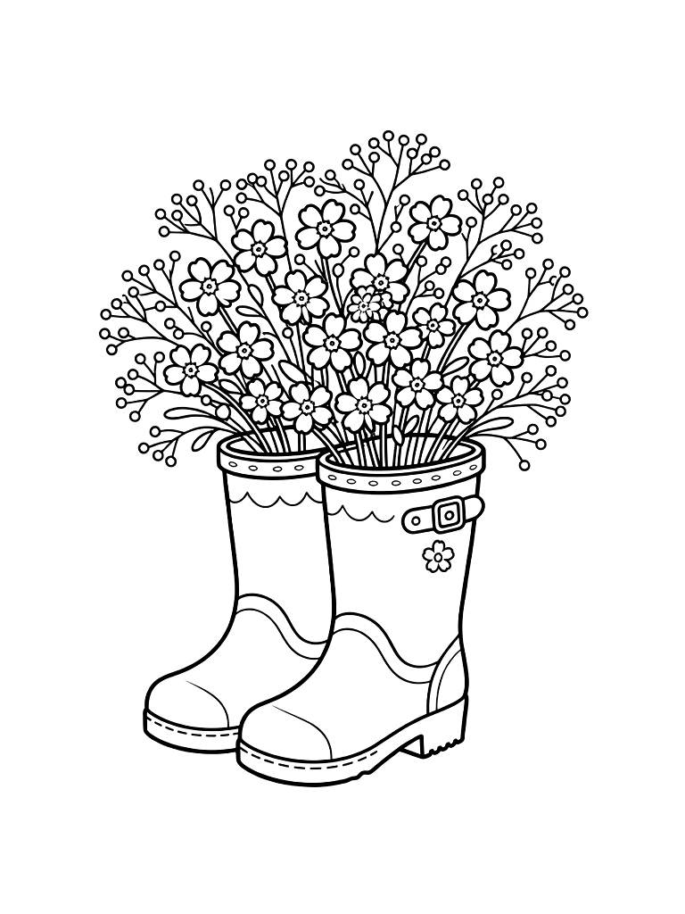 Overflowing Bouquet Of Forget-me-nots And Baby’s Breath Tucked Into A Pair Of Vintage Yellow Rain Boots Coloring Page