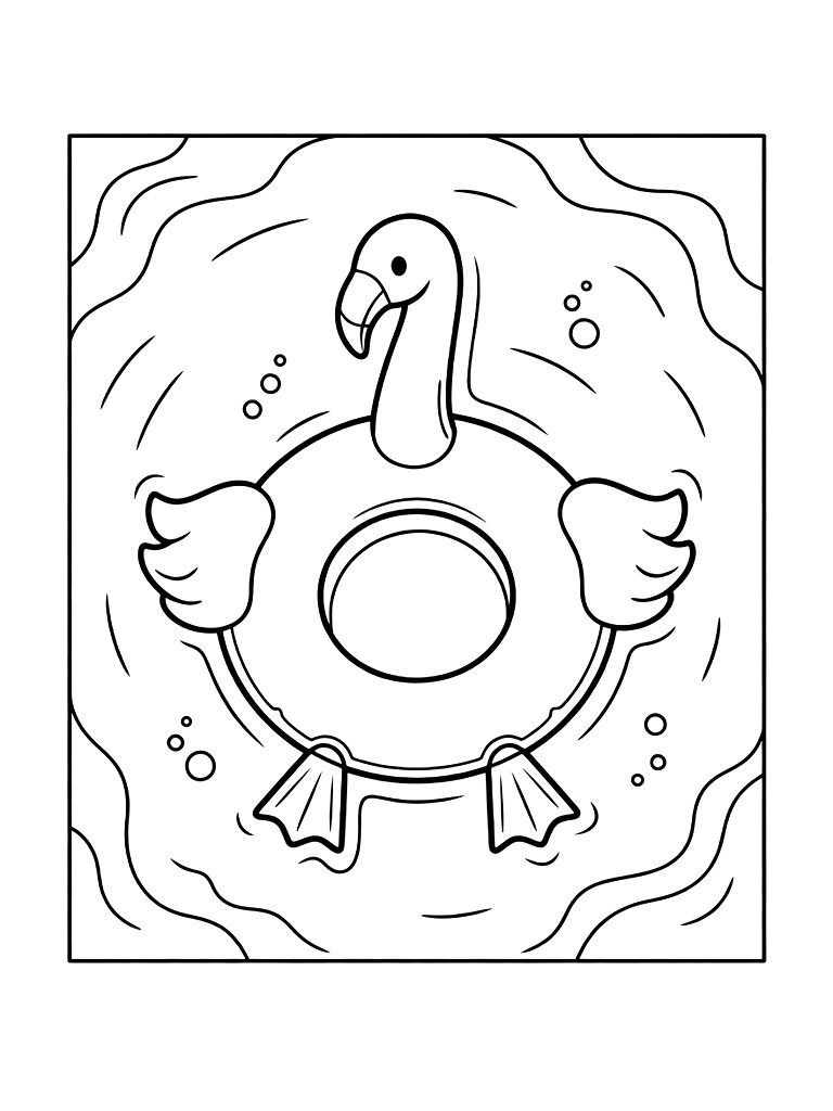 Overhead View Of A Colorful Flamingo-shaped Pool Floatie In A Sparkling Blue Swimming Pool Coloring Page
