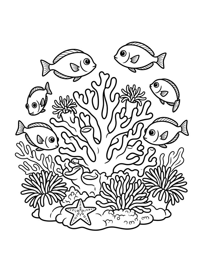 Overhead View Of A Tropical Coral Reef With A School Of Colorful Tang Fish Coloring Page