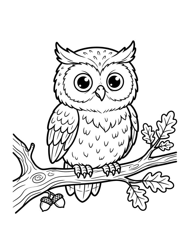 Owl On Oak Branch Coloring Page