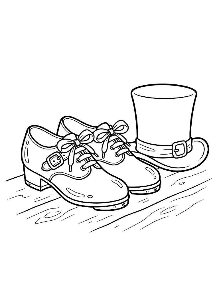 Pair Of Elegant Tap Dance Shoes With Ribbon Laces Resting On A Scuffed Wooden Theater Stage Beside A Vintage Top Hat Coloring Page