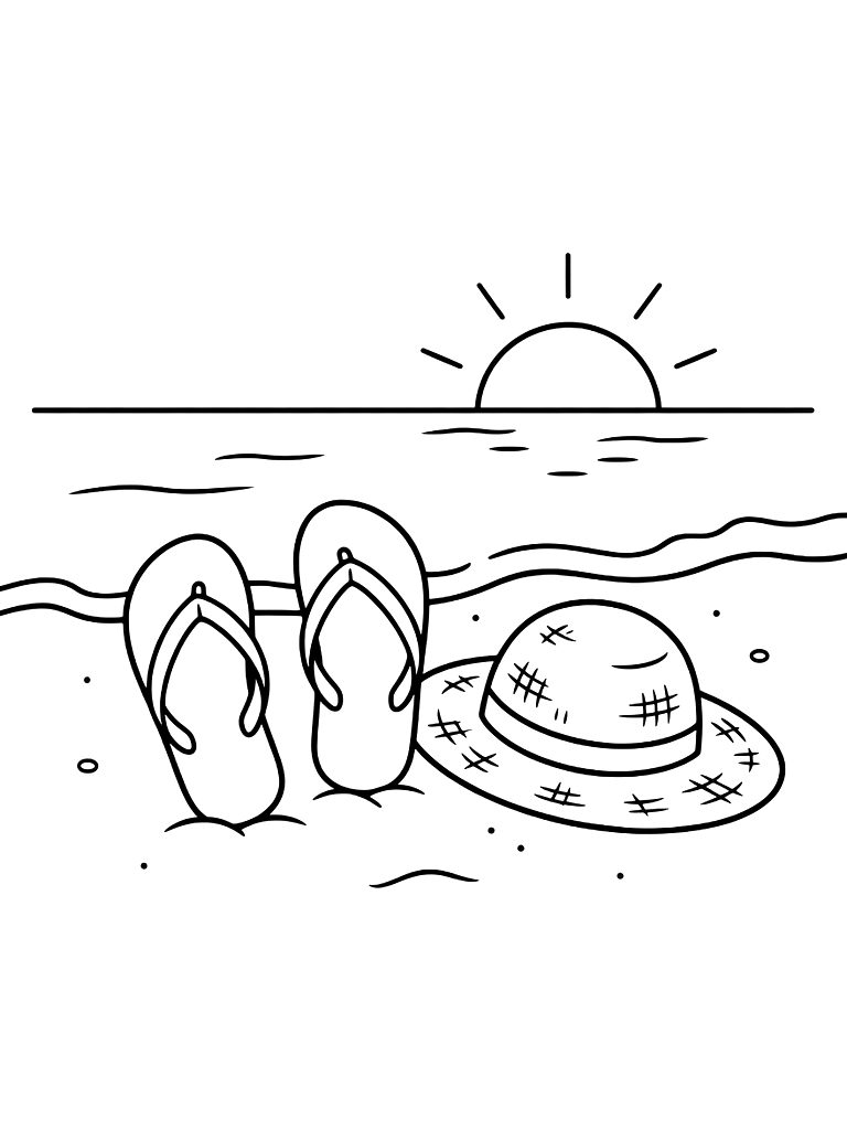 Pair Of Flip-flops And A Straw Hat On A Sandy Beach At Sunset Coloring Page