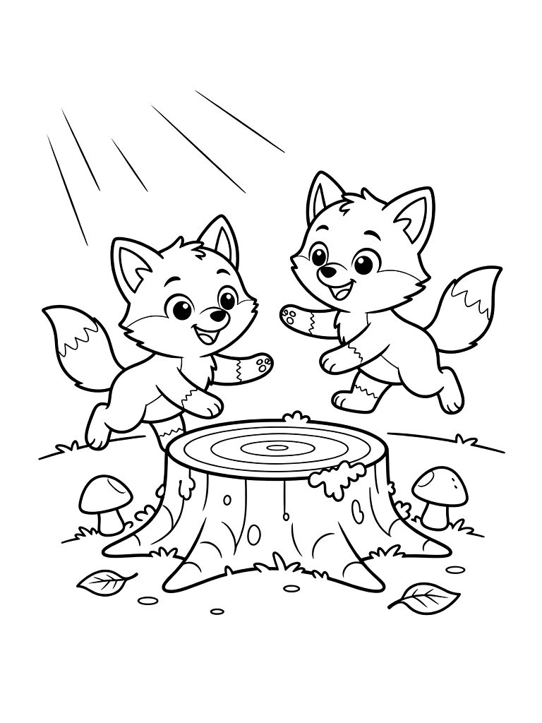 Pair Of Fox Kits Playing Tag Around A Mossy Tree Stump In A Sun-drenched Forest Coloring Page