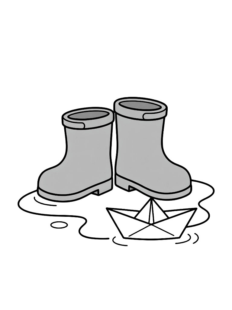 Pair Of Yellow Rain Boots Standing In A Puddle With A Floating Paper Boat Coloring Page