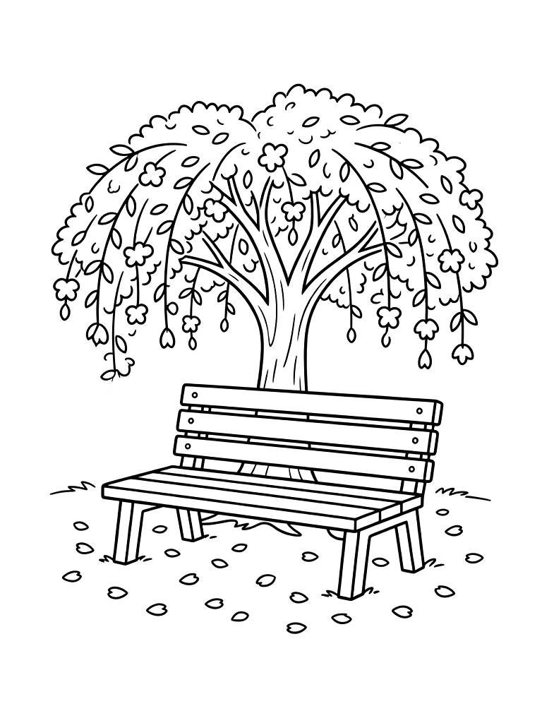 Park Bench Under A Weeping Cherry Blossom Tree With Fallen Petals On The Ground Coloring Page