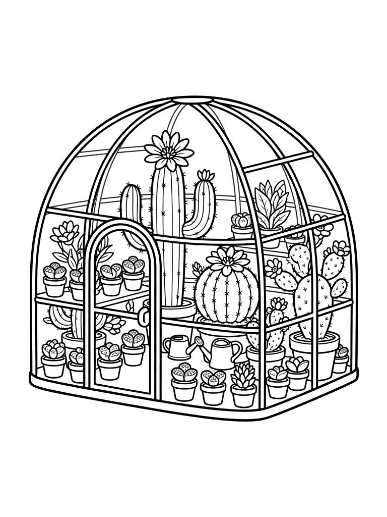 Pastel Desert Greenhouse Filled With Flowering Cacti And Tiny Potted Lithops Coloring Page