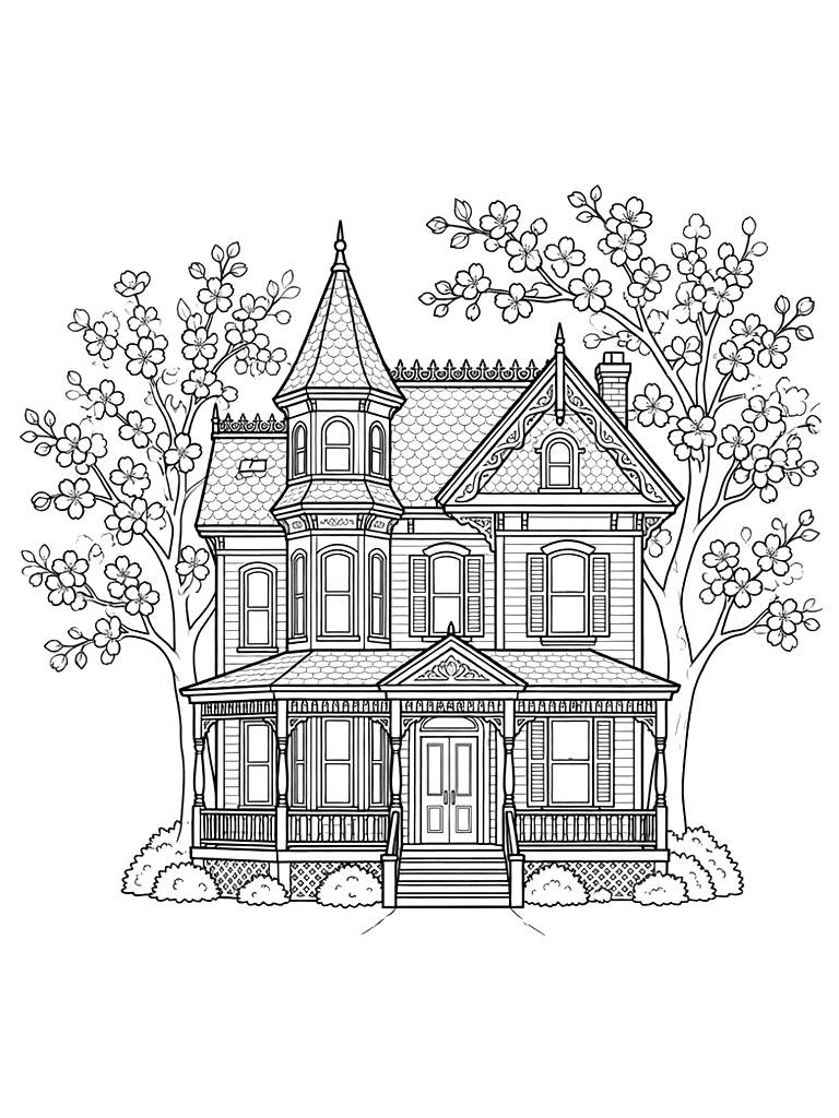 Pastel Painted Lady Victorian House With Cherry Blossom Trees Coloring Page