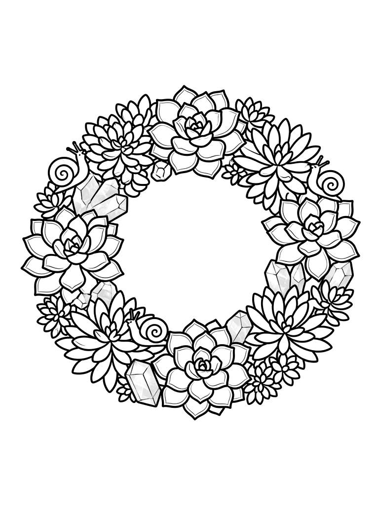 Pastel Succulent Wreath With Tiny Hidden Snails And Rose Quartz Crystals Coloring Page