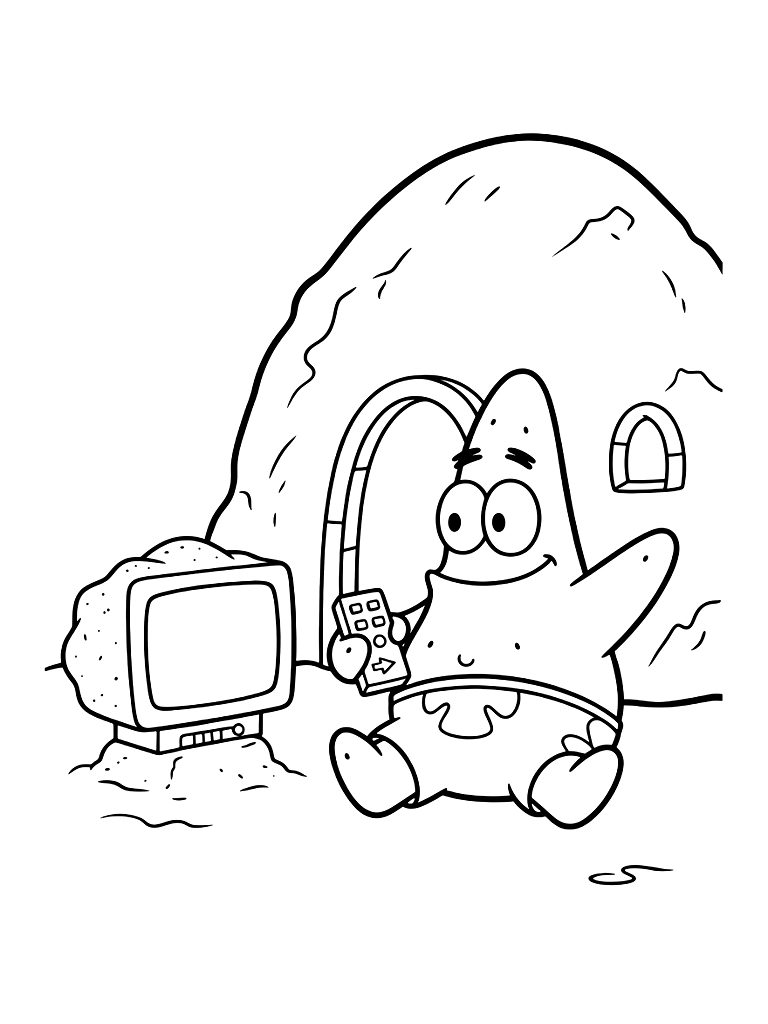 Patrick Star Sitting Under His Brown Rock Home With A TV Made Of Sand And A Remote Control Coloring Page