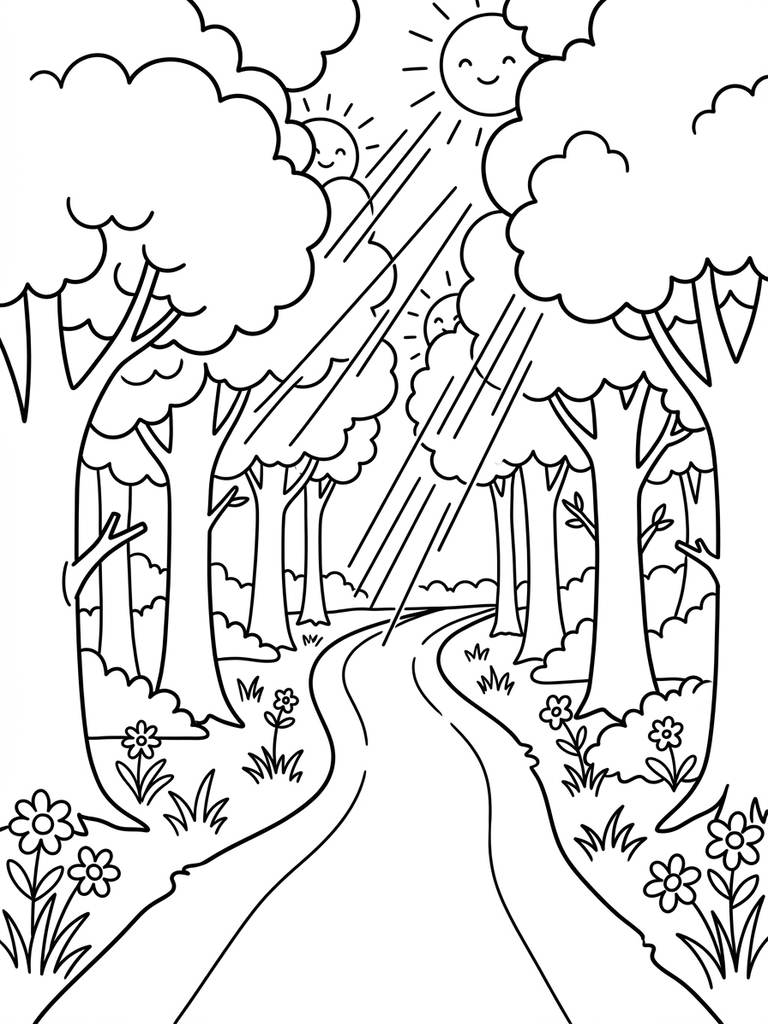Peaceful Forest Path With Sunlight Filtering Through Trees Coloring Page