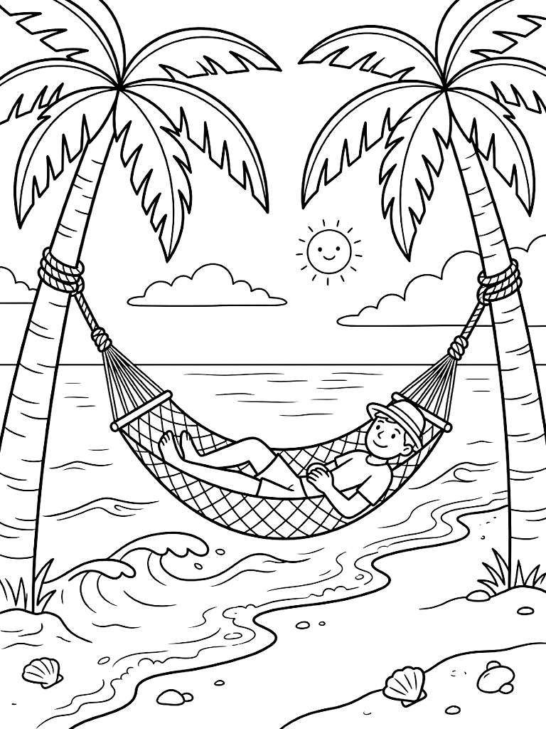 Peaceful Hammock Gently Swaying Between Two Tall Palm Trees On A Quiet Tropical Beach With Soft Lapping Ocean Waves Coloring Page