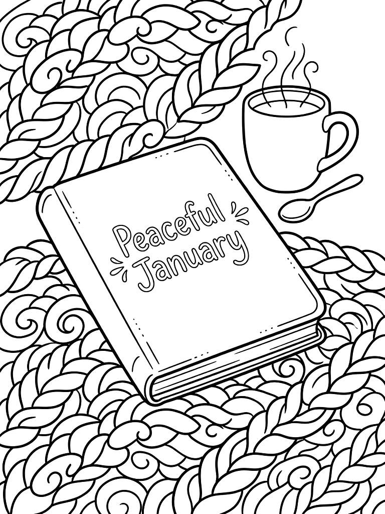 Peaceful January Lettering Engraved On The Cover Of A Leather Journal Resting On A Chunky Knit Blanket Beside A Steaming Mug Coloring Page