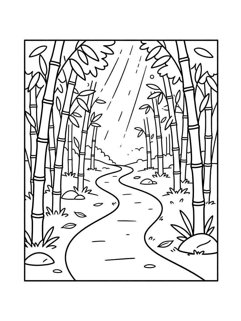 Peaceful Path Winding Through A Tall Green Bamboo Forest With Soft Sunlight Filtering Through Leaves Coloring Page