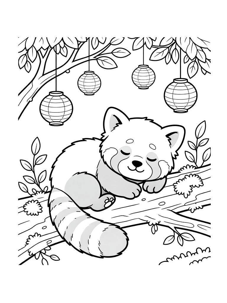 Peaceful Red Panda Napping On A Mossy Tree Branch With Soft Lanterns Hanging From The Leaves Coloring Page