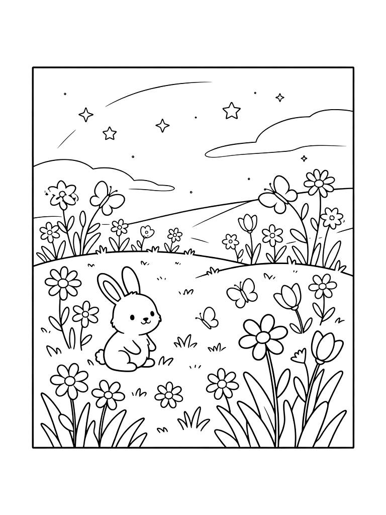 Peaceful Wildflower Meadow At Twilight With The First Stars Appearing In A Soft Gradient Sky Coloring Page