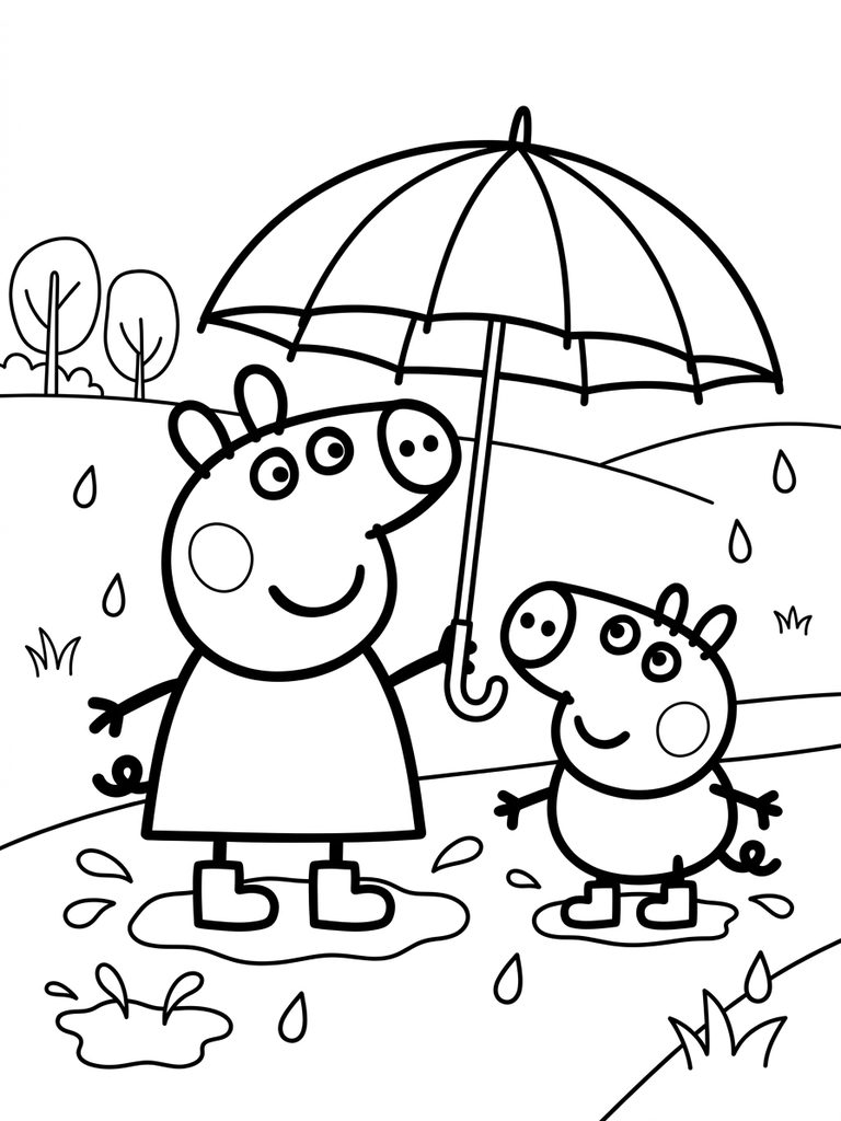 Peppa Pig And George Everyday Moments / Picnic Or Umbrella Walk Coloring Page