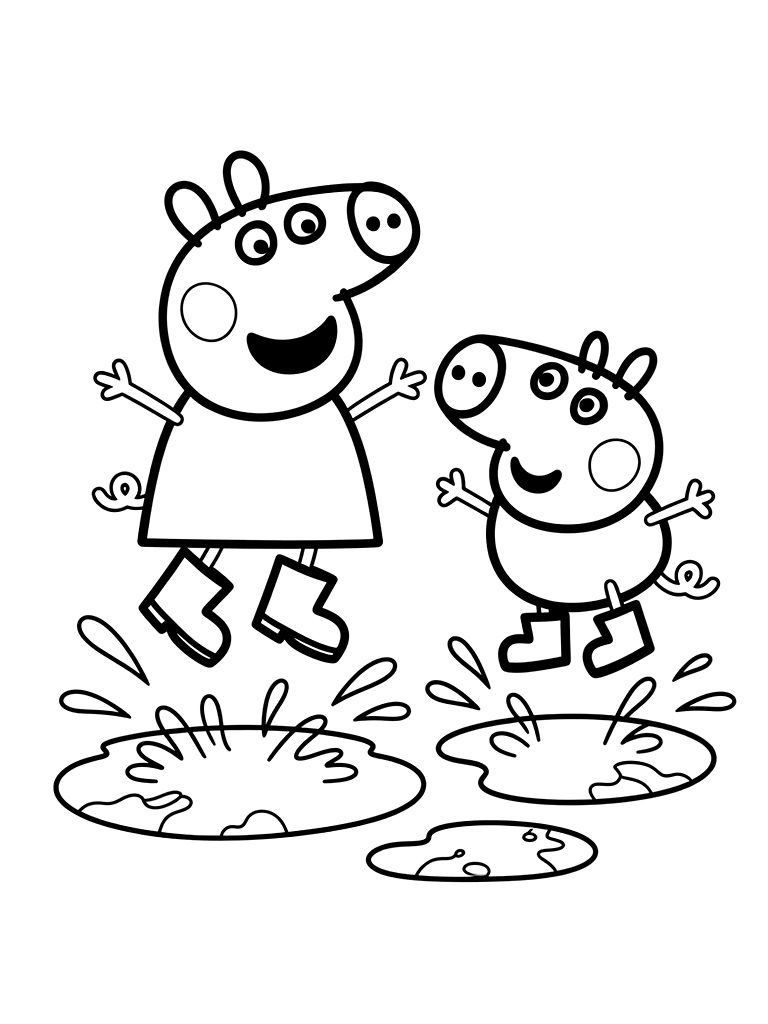 Peppa Pig And George Jumping In Muddy Puddles With Rain Boots Coloring Page