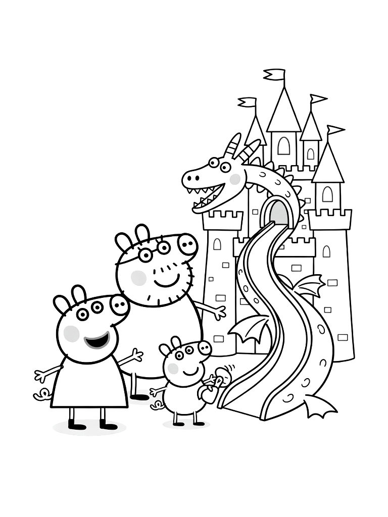 Peppa Pig And Her Family Visiting A Fairytale Castle With A Dragon-shaped Slide Coloring Page