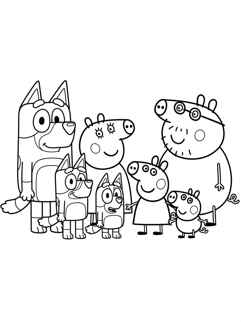Peppa Pig Family Group Pose / Heeler Family Standing Together Coloring Page