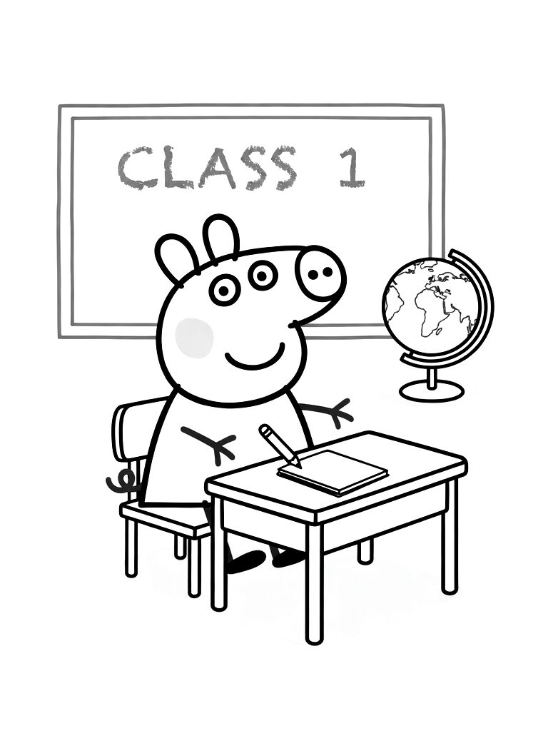 Peppa Pig Sitting At A Small Desk In Madame Gazelle's Classroom With A Chalkboard And A Globe Coloring Page