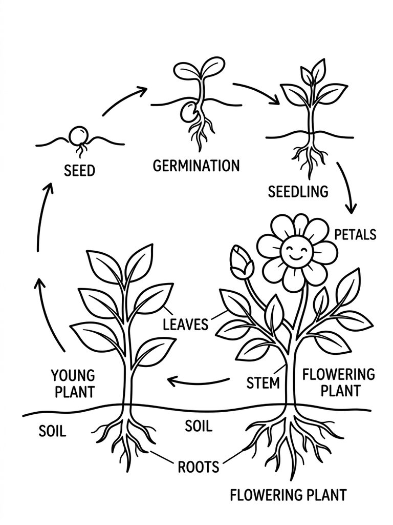 Plant Life Cycle Seed To Flower Coloring Page