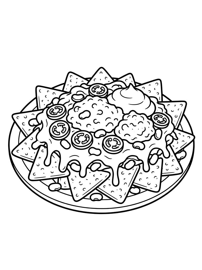 Platter Of Loaded Nacho Chips Piled High With Melted Cheese Sauce Coloring Page