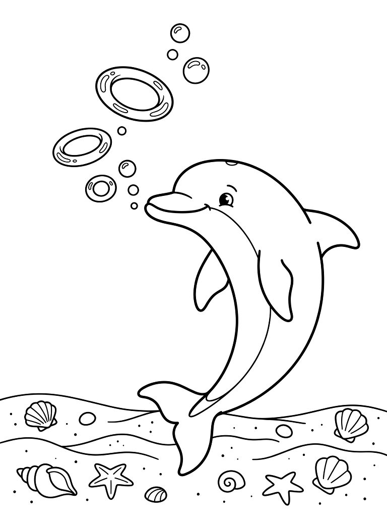 Playful Bottlenose Dolphin Blowing Intricate Perfect Bubble Rings Underwater Above A Sandy Ocean Floor Scattered With Sea Shells Coloring Page